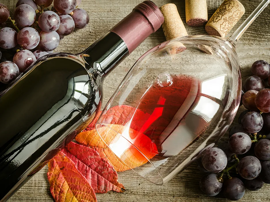 Botella y copa de vino tinto junto a racimos de uva